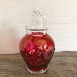 Vtg Hughes Ruby Glass Apothecary Jar with Etched Cornflower Design